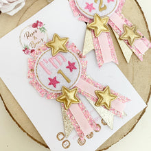 Load image into Gallery viewer, Pink and Gold Star Number Birthday Badge / Button
