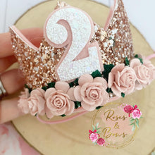 Load image into Gallery viewer, Rose Gold and blush birthday crown - glitter party hat - cake smash prop - birthday accessory
