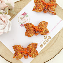 Load image into Gallery viewer, Orange Pumpkin Charm Glitter Bow Headband or Clip
