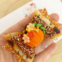 Load image into Gallery viewer, Sunflower Pumpkin Halloween Glitter Bow Headband or Clip
