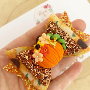 Sunflower Pumpkin Halloween Glitter Bow Headband or Clip