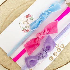 Velvet knot hair bow headband or clip set - bright pink, blue and lilac