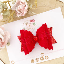 Load image into Gallery viewer, Felt and Glitter Heart Valentine’s Hair Bow Headband or Clip
