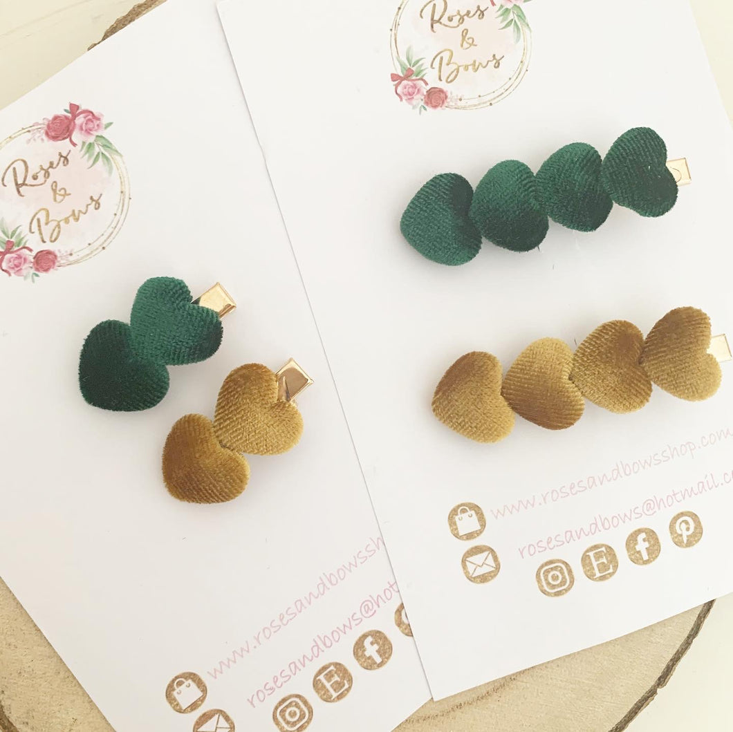 Velvet Heart Valentines clip set - Mustard and Green Clip Set