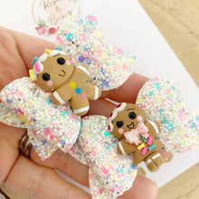 Load image into Gallery viewer, Gingerbread piggy pigtail bows - clip set - Christmas glitter bows
