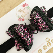 Load image into Gallery viewer, Spider Halloween Glitter Bow Headband or Clip
