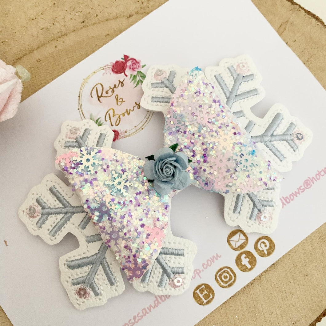 Blue Snowflake Hair Bow Clip or Headband