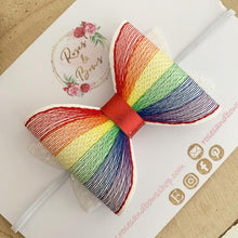 Load image into Gallery viewer, Bright Rainbow Embroidered Leatherette and Glitter Bow Headband or Clip
