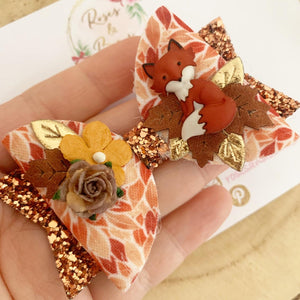 Fox Fabric and Glitter Bow Headband or Clip