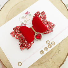 Load image into Gallery viewer, Red Glitter and Velvet Heart Charm Valentine’s Day Hair Bow Headband or Clip
