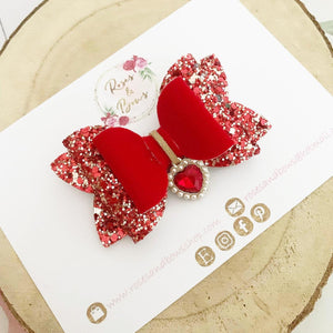 Red Glitter and Velvet Heart Charm Valentine’s Day Hair Bow Headband or Clip