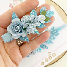 Load image into Gallery viewer, Blue flower and leaf headband or clip - Flower Crown Headband
