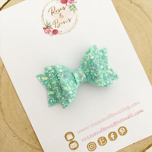 Mint Green Glitter Hair Bow - Green Glitter Hair Bow Hair Clip or Headband