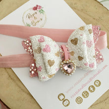 Load image into Gallery viewer, Pink Pearl Glitter Heart Charm Valentine’s Day Hair Bow Headband or Clip
