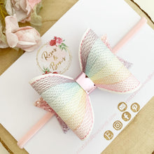 Load image into Gallery viewer, Rainbow Embroidered Leatherette and Glitter Bow Headband or Clip
