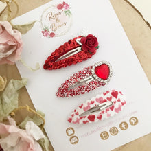 Load image into Gallery viewer, Valentine’s Red and Silver heart scalloped snap clip set
