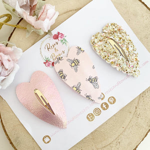 Pink bee heart glitter and leatherette scalloped snap clip set