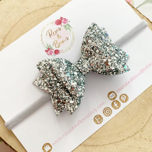 Silver Glitter Hair Bow - Glitter Hair Bow Hair Clip or Headband