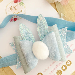 Blue Bunny Ears Easter Hair Bow Headband or Clip