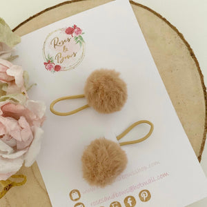 Beige Pom Pom Faux Fur Bobble Hair Ties Set of 2