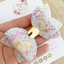 Load image into Gallery viewer, Floral Duck Glitter Hair Bow Headband or Clip - Pink Sequin Bunny Rabbit Ears Hair Bow

