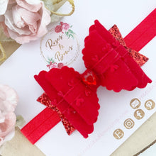 Load image into Gallery viewer, Felt and Glitter Heart Valentine’s Hair Bow Headband or Clip
