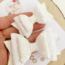 Load image into Gallery viewer, Ivory white lace glitter Hair Bow Headband or clip
