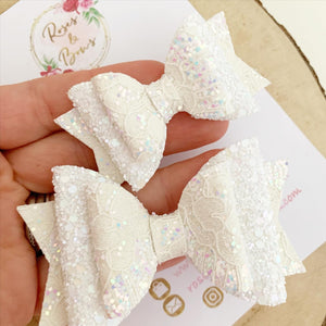 Ivory white lace glitter Hair Bow Headband or clip