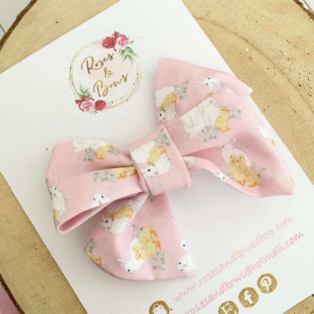 Easter pink hand tied Hair Bow Headband or Clip