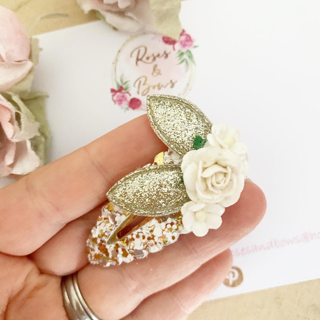 Gold and White Dainty Bunny Ears Easter Snap Clip