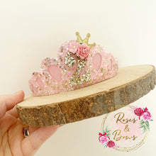 Load image into Gallery viewer, Birthday tiara, pink and gold glitter tiara - princess crown - birthday accessory - custom ages
