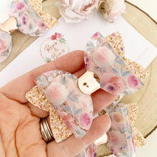 Load image into Gallery viewer, Blush and Rose Gold Transparent and Glitter Floral Hair Bow Clip or Headband
