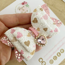 Load image into Gallery viewer, Pink Pearl Glitter Heart Charm Valentine’s Day Hair Bow Headband or Clip
