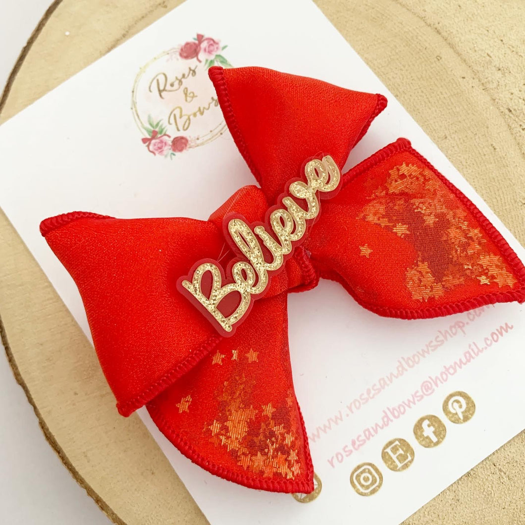 Believe Red Pumpkin hand tied Hair Bow Headband or Clip