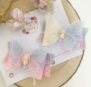 Pastel Rainbow Glitter Butterfly Bow Headband or Clip