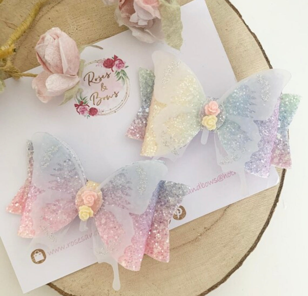 Pastel Rainbow Glitter Butterfly Bow Headband or Clip