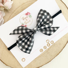 Load image into Gallery viewer, Black and White Gingham Leatherette Hair Bow Headband or Clip
