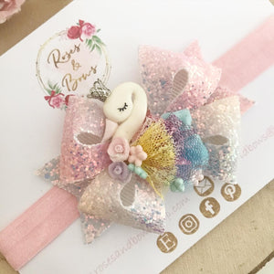 Swan Rainbow Glitter Bow Headband or Clip