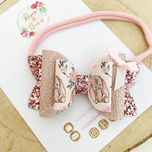 Pink Blush Bunny Glitter Hair Bow Headband or Clip - Pink Sequin Bunny Rabbit Ears Hair Bow