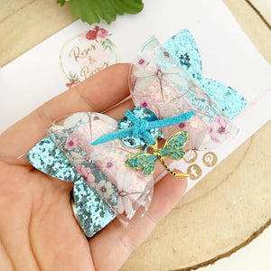 Dragonfly Transparent and Glitter Hair Bow Headband or Clip