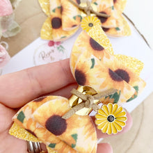 Load image into Gallery viewer, Sunflower charm Glitter Hair Bow Headband or Clip
