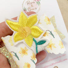 Load image into Gallery viewer, Daffodil embroidered Felt Leatherette and Glitter Bow Headband or Clip
