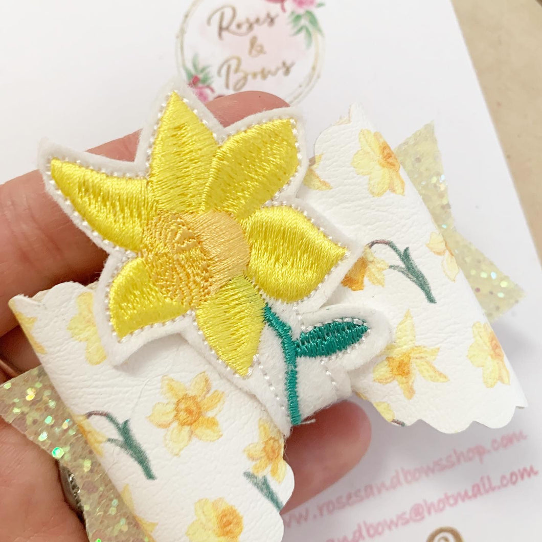 Daffodil embroidered Felt Leatherette and Glitter Bow Headband or Clip