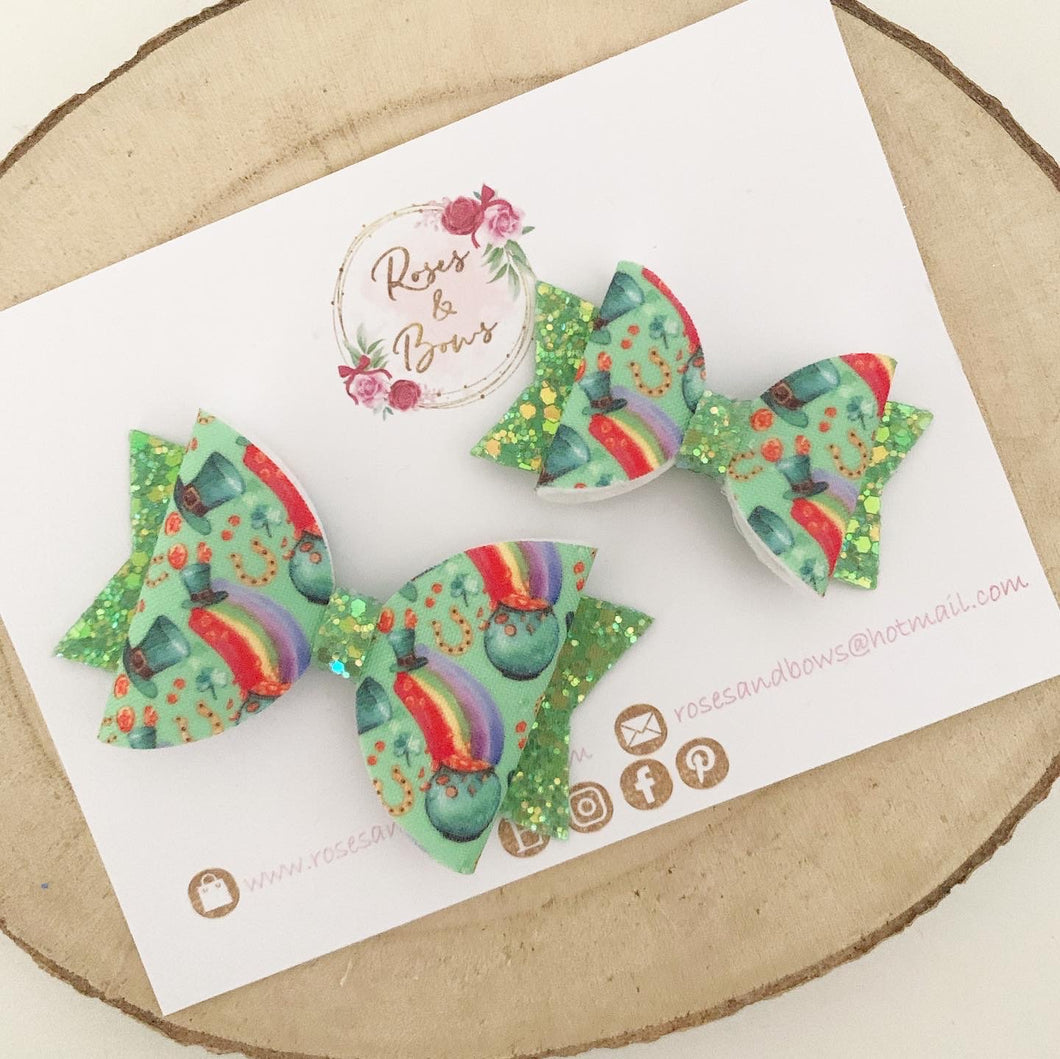 St Patrick’s Day Shamrock Glitter Hair Bow Headband or Clip