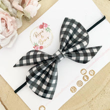 Load image into Gallery viewer, Black and White Gingham Leatherette Hair Bow Headband or Clip
