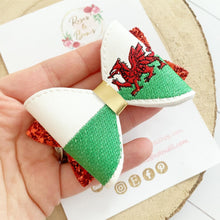 Load image into Gallery viewer, Welsh Flag St David’s Day Embroidered Leatherette and Glitter Bow Headband or Clip
