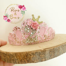 Load image into Gallery viewer, Birthday tiara, pink and gold glitter tiara - princess crown - birthday accessory - custom ages
