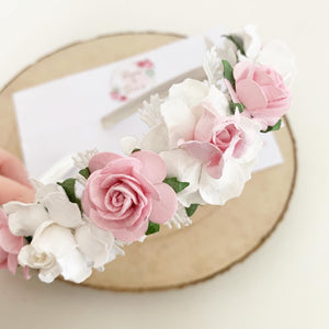 Pink and white flower crown headband