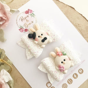 Mr and Mrs Bunny piggy bows - clip set - easter glitter bows
