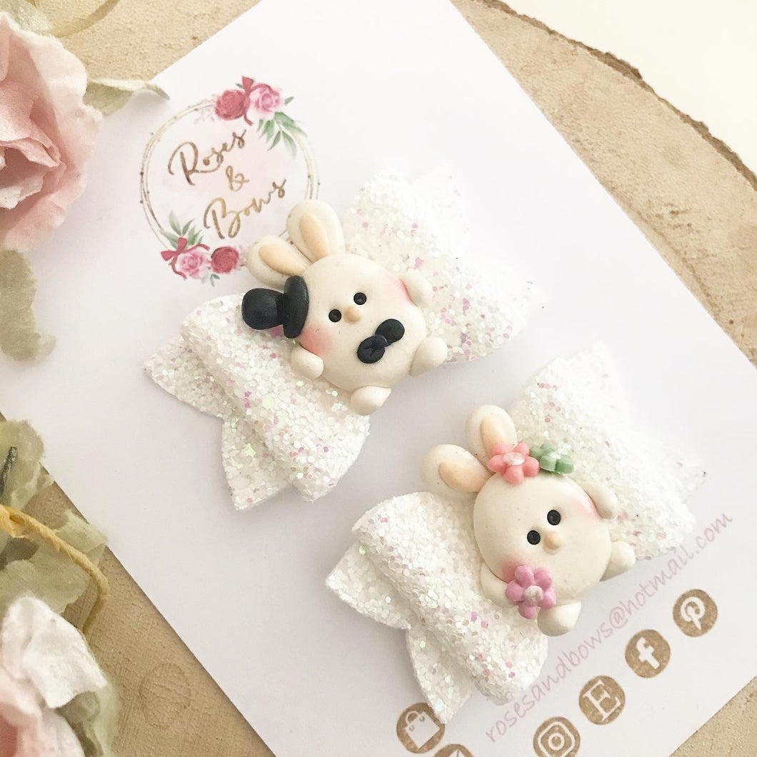 Mr and Mrs Bunny piggy bows - clip set - easter glitter bows